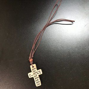 16-28" Cross Long Brown Cord Necklace with Ceramic Focal Bead